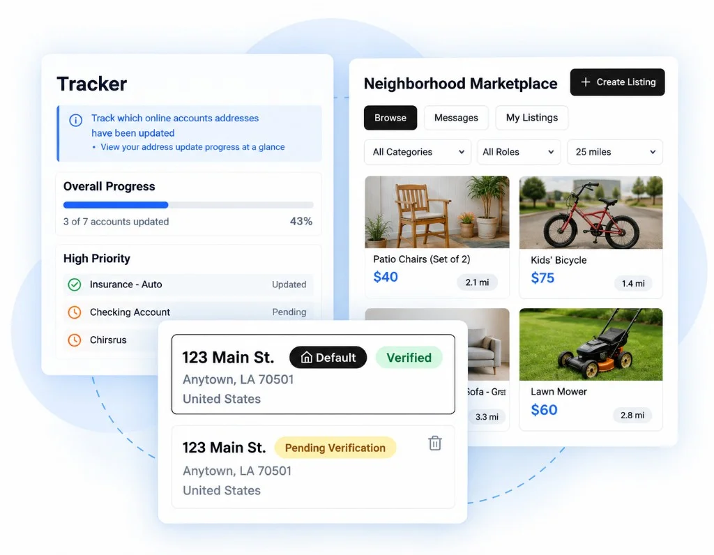 Address Dock product preview showing a verified address, online account address tracker, and neighborhood marketplace